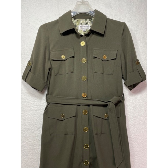 Studio I Petite Womens size 4P Short Sleeve Tie West Dress Gold Tone Buttons - Picture 2 of 10